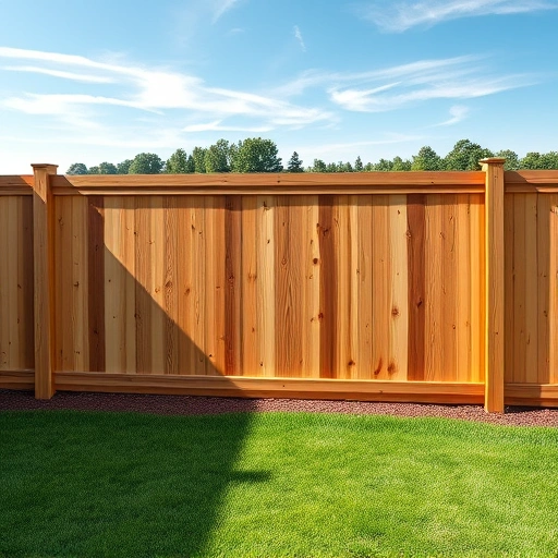 Completed wooden fence installation in Albertville AL, surrounded by green lawn and ornamental shrubs under a clear sky.
