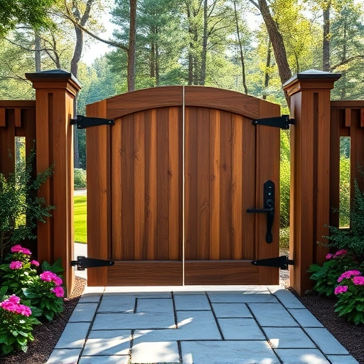 Completed wood walk gate installation in Cohutta GA, showcasing craftsmanship, lush garden, and stone pathway.