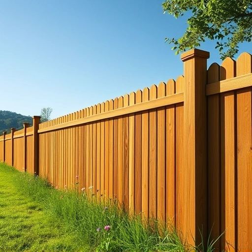 Completed wooden fence in Gadsden AL, showcasing rich grain, smooth finish, wildflowers, and serene landscape.