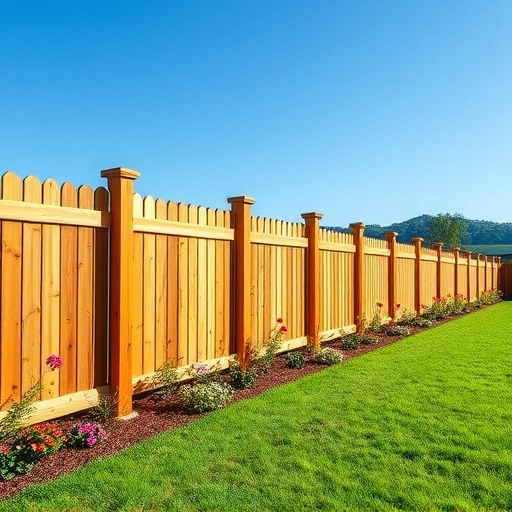 Wooden fence installation in Jasper GA, showcasing craftsmanship amidst vibrant grass and flower beds under a blue sky.