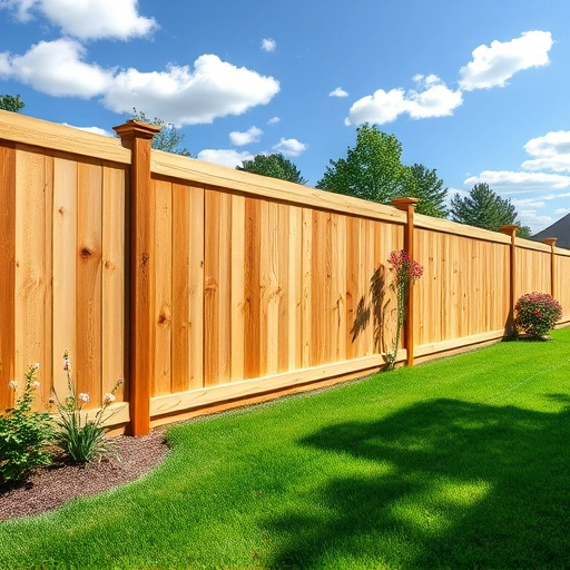 Completed wooden fence project in Adairsville GA with polished finishes, vibrant lawn, and blue sky backdrop.