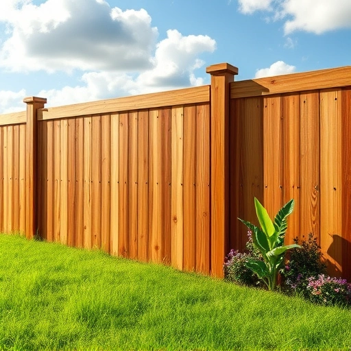 A wooden fence installation in Scottsboro AL, showcasing natural wood textures with a lush green lawn and blue sky.