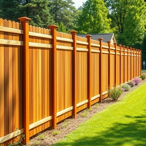 Completed wooden fence installation in Centre AL surrounded by lush greenery and colorful flower beds.