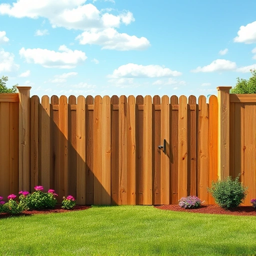 Wooden fence installation in Henagar AL, surrounded by green grass and colorful flowers under a clear blue sky.