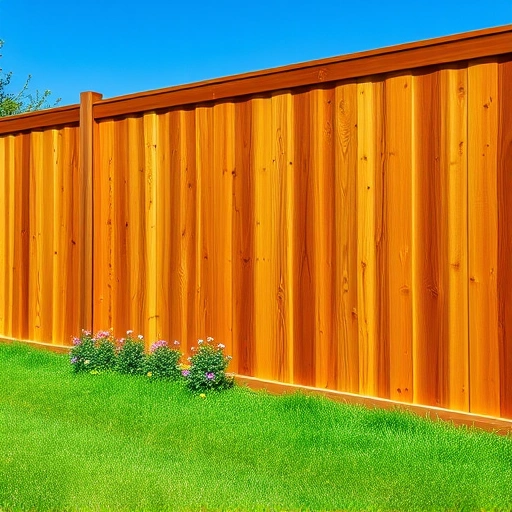 Beautiful wooden fence in Dalton GA with rich textures, warm brown hue, and vibrant lawn with flowers.