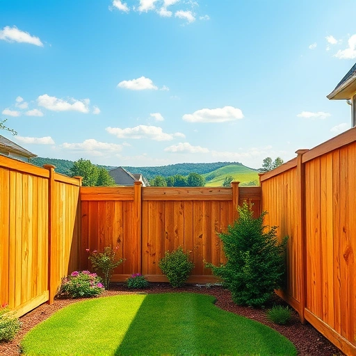 Beautiful wooden fence installation in Cedartown GA, surrounded by a lush green yard and vibrant flowers under a clear blue sky.