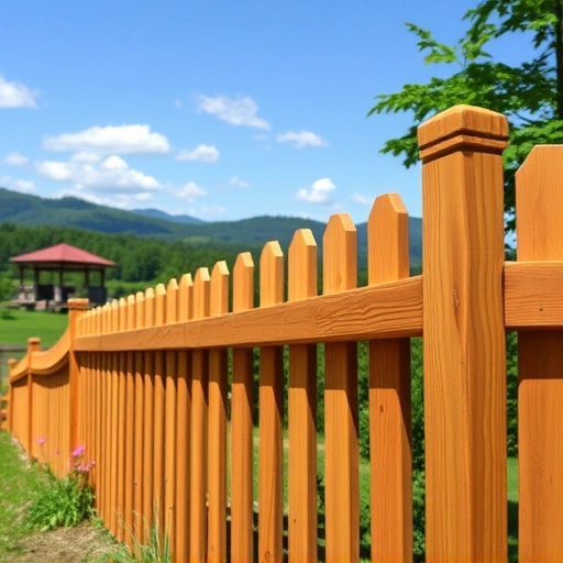 Wooden fencing in Cohutta GA surrounded by lush greenery and rolling hills under a blue sky with fluffy clouds.