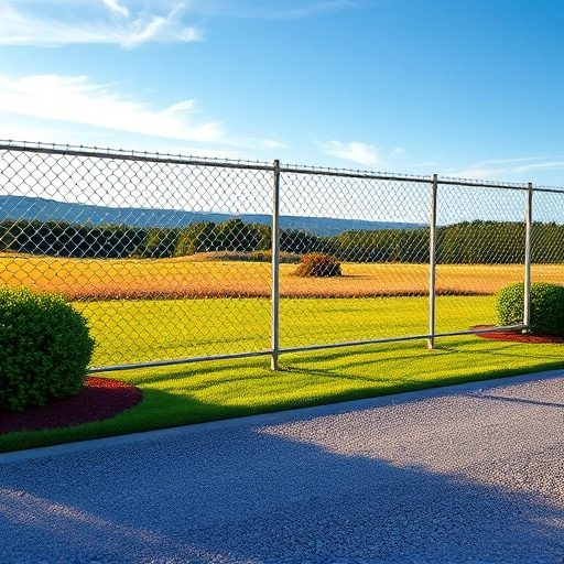 Completed Chain Link Fence Installation in Cohutta GA with neat lawn, shrubs, flowers, and clear blue sky.