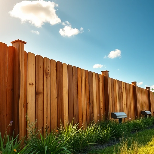 Completed wooden fence installation in Henagar AL with natural textures, lush grass, wildflowers, and blue sky.