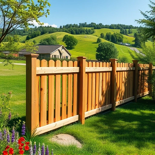 Completed wooden fencing installation in Ellijay GA, nestled in a lush landscape with vibrant wildflowers and rolling hills.