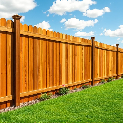 Completed wooden fence installation in Trenton GA, surrounded by vibrant grass and colorful flower beds under a blue sky.