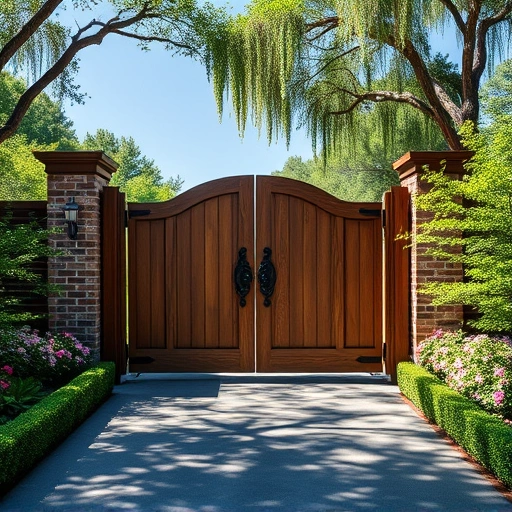 Beautiful wooden gate installation in Cohutta GA, surrounded by lush greenery and vibrant flowers, showcasing craftsmanship.