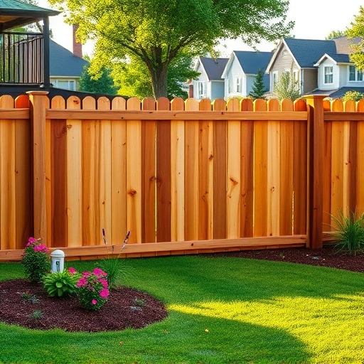 Beautiful wooden fence installation in Ball Ground GA surrounded by vibrant lawn and flower beds in a serene neighborhood.