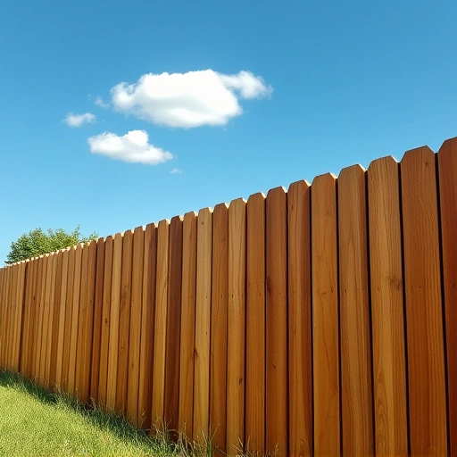 Beautifully crafted wooden fence in Tunnel Hill GA with polished planks set against green grass and blue sky.