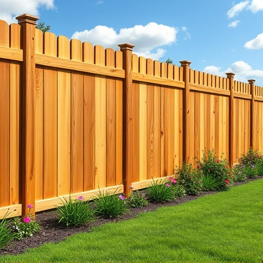 Beautiful wooden fence installation in Calhoun GA surrounded by a vibrant garden and clear blue sky.