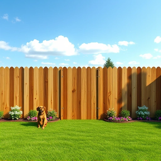 Pet fence installation in Cohutta GA showcases a sturdy wooden fence around a lush green backyard with flower beds.