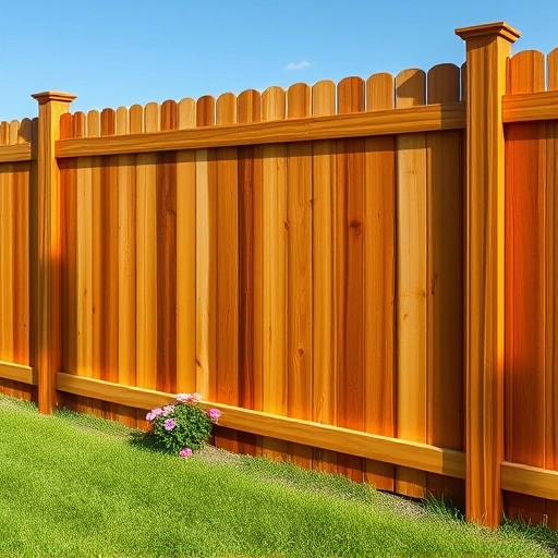 Completed wooden fence installation in Attalla, AL, surrounded by lush grass and vibrant flowers under a clear sky.