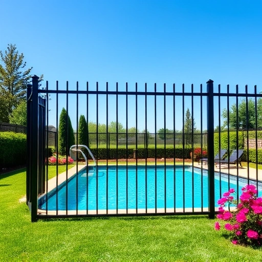 Completed aluminum pool fence installation in Cohutta GA surrounds a sparkling pool with lush greenery and vibrant flowers.