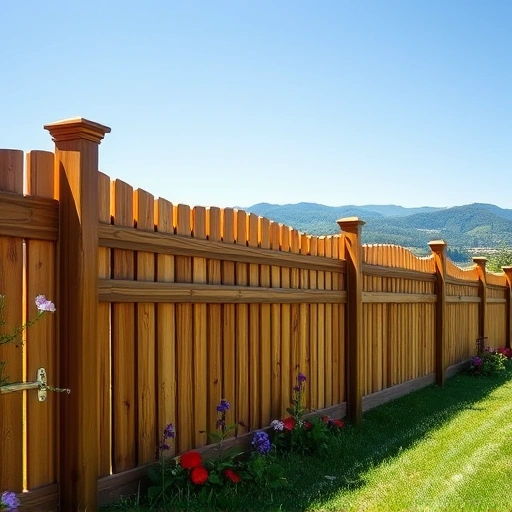 Beautiful wooden fence installation in Chattanooga TN surrounded by green grass and blooming flowers under a clear blue sky