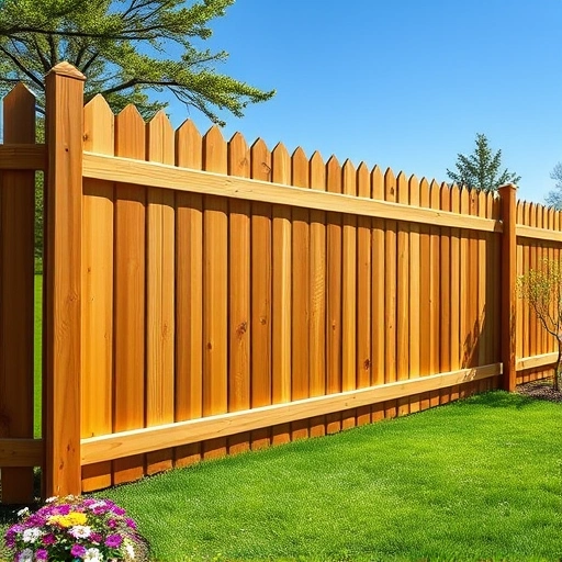 Completed wooden picket fence in Tunnel Hill GA with lush grass, flowers, and clear blue sky, showcasing craftsmanship.