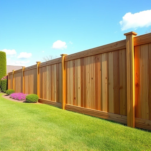 Sturdy wooden privacy fence in Ball Ground, GA, surrounded by lush grass and vibrant shrubs under a blue sky.