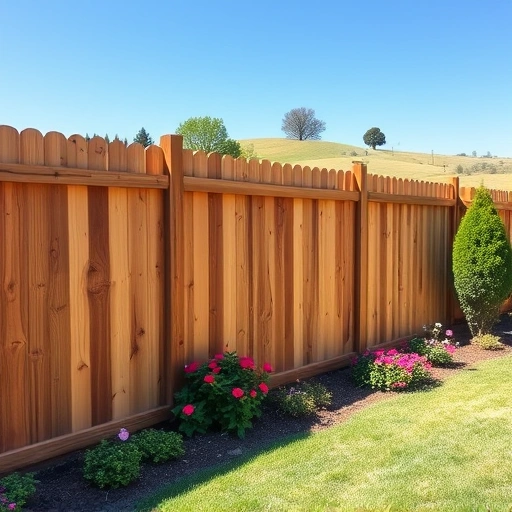 Perfectly completed wooden fence in Ringgold GA, surrounding a vibrant garden under a clear blue sky.