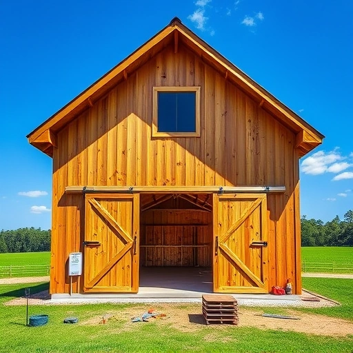 Completed pole barn construction in Cohutta GA featuring a sturdy wooden structure with a peaked roof and large doors.