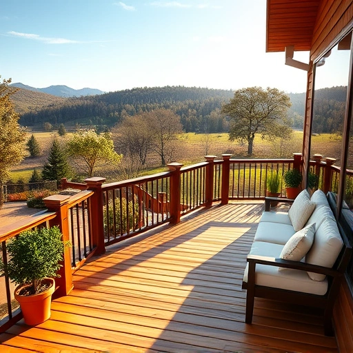 Custom wooden deck in Cohutta GA with modern railings, built-in seating, lush plants, and serene landscape views.