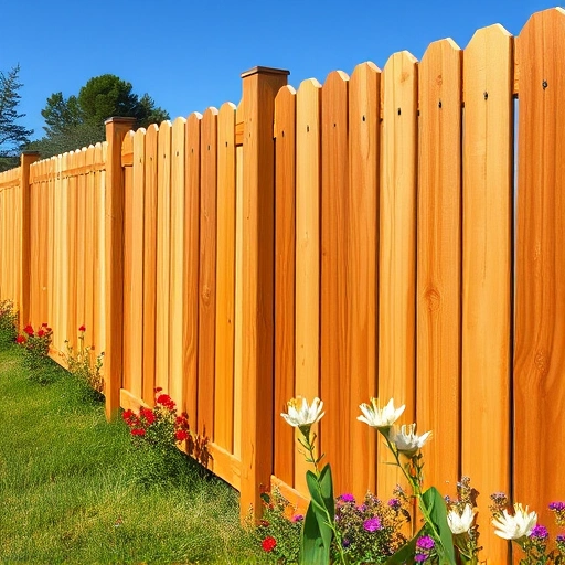Sturdy wooden fence in White GA blends with lush grass and wildflowers under a clear blue sky, showcasing craftsmanship.