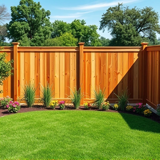 Beautiful wooden fence in Cartersville GA, surrounded by vibrant flowers, lush grass, and mature trees under a clear sky.