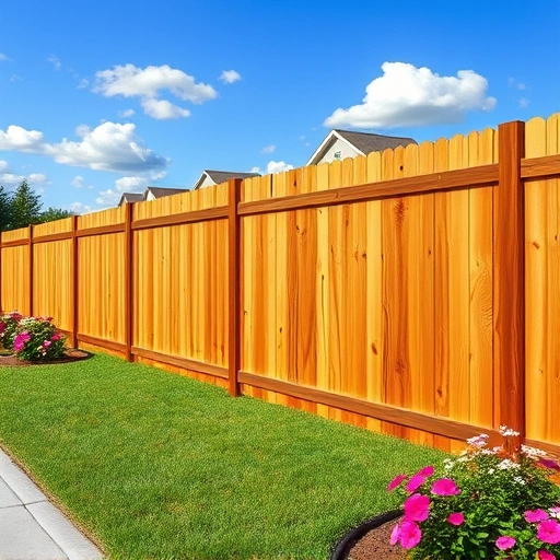 A beautifully crafted wooden fence in Summerville GA, surrounded by vibrant grass and colorful plants under a clear blue sky.