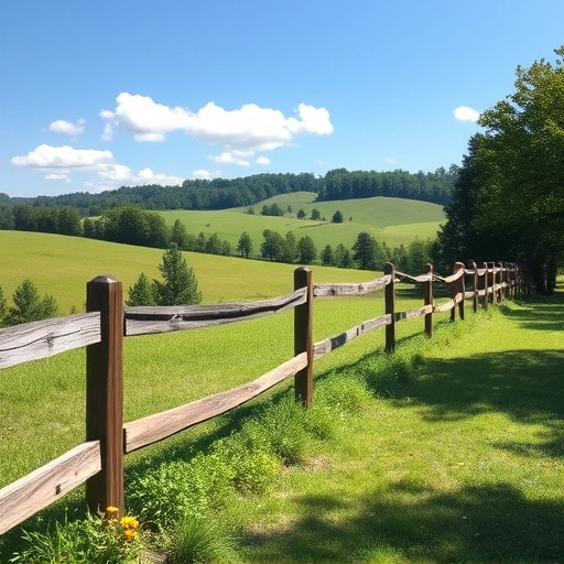 Completed wooden and vinyl fencing in a lush rural setting of Cohutta GA with rolling hills and blooming wildflowers