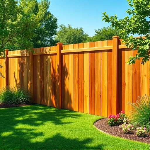 Sturdy wooden fence installation in Ringgold GA, enhanced by lush greenery and colorful flower beds, under a clear blue sky.