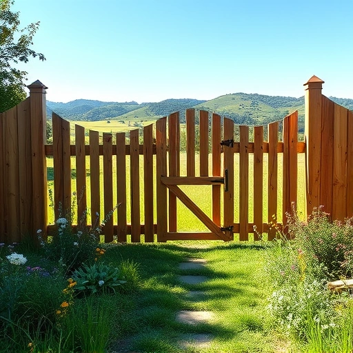 Completed wooden fence installation in Jasper GA set in a serene rural backyard with vibrant wildflowers and hills.