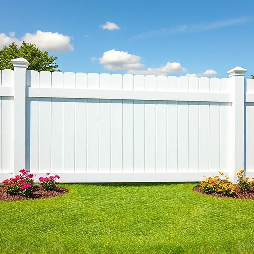 Vinyl fence installation in Cohutta GA with white fence, green lawn, blue sky, and colorful flower beds.