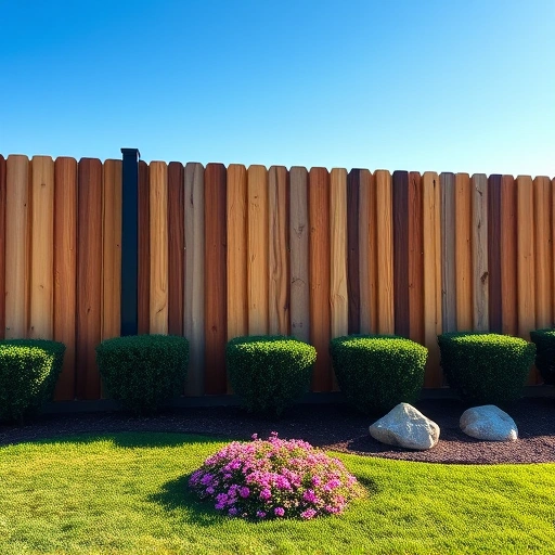 Completed fencing installation in Dalton GA with wooden and metal panels against a blue sky and vibrant flowers.