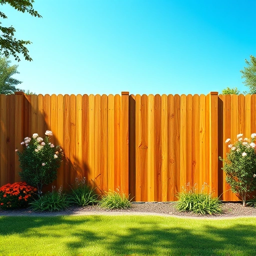 Freshly installed wooden fence panel in Cohutta GA, surrounded by lush grass and wildflowers under a clear blue sky.