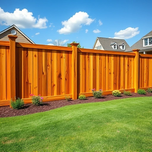 Completed wooden privacy fence in Attalla AL, surrounded by green lawn and colorful flowerbeds under a clear blue sky.