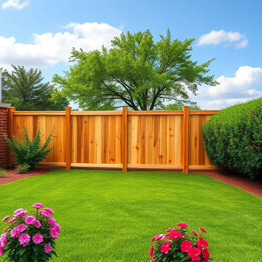 Completed wooden fence installation in Cohutta GA surrounds a lush backyard with flowers and clear skies.
