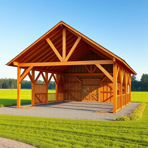 Pole barn construction in Cohutta GA with wooden frame, metal roof, green fields, and clear blue sky.