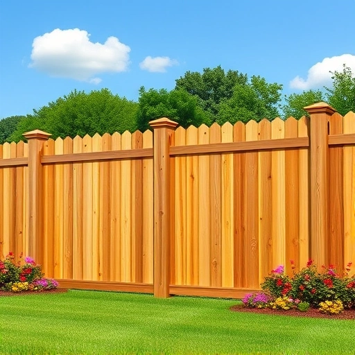 Beautiful wooden fence installation in Canton GA, surrounded by manicured lawn and vibrant flower beds under a blue sky.
