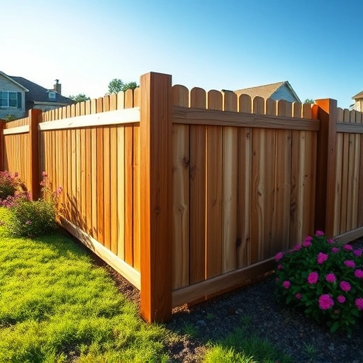 Perfect wooden fence installation in Chickamauga GA, surrounded by green grass and flowering shrubs under blue sky.
