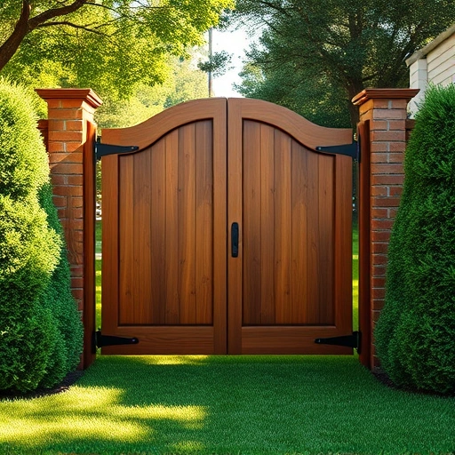 Beautifully crafted wooden gate repair in Cohutta GA with rich wood tones and a well-maintained yard backdrop.