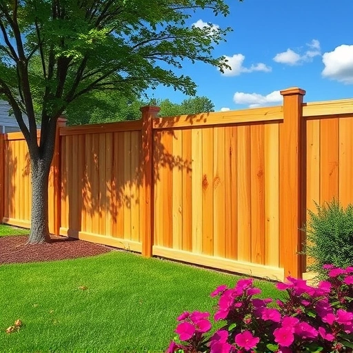 Completed wooden fence installation in Fairmount GA, surrounded by a lush yard and colorful flower beds.