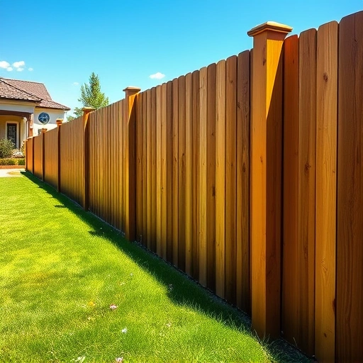 Beautiful wooden fence installation in Chickamauga GA surrounded by vibrant grass, flowers, and clear blue sky.