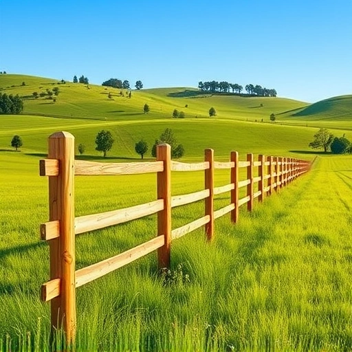 Completed wooden farm fence in Cohutta GA, surrounded by lush pasture and vibrant wildflowers under a clear blue sky.