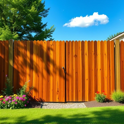 Completed wooden fence in Cohutta GA with glossy finish, lush lawn, flower beds, and clear blue sky.