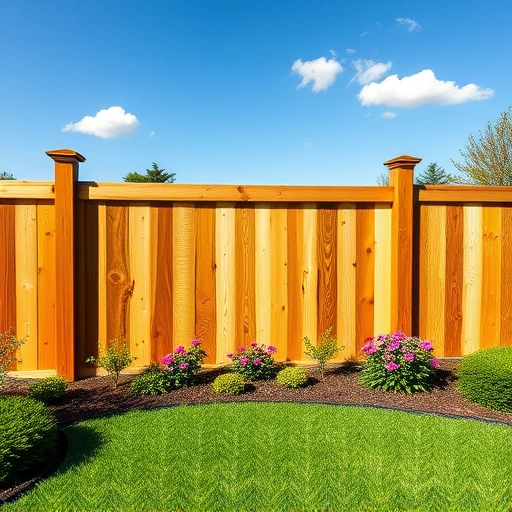 Completed wooden fence installation in Scottsboro AL, surrounded by lush grass and vibrant flowers under a clear blue sky.