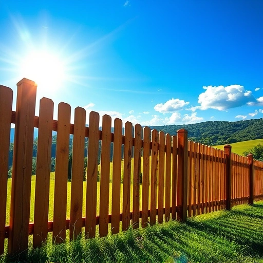 Wooden fence in Cohutta GA with rich brown planks, surrounded by rolling hills and vibrant greenery under a blue sky.