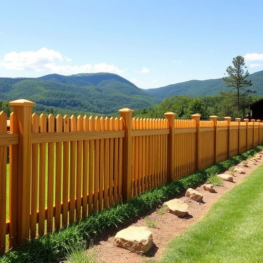 Wooden fence in Cohutta GA with cedar finish, rolling hills, greenery, and Appalachian foothills backdrop.